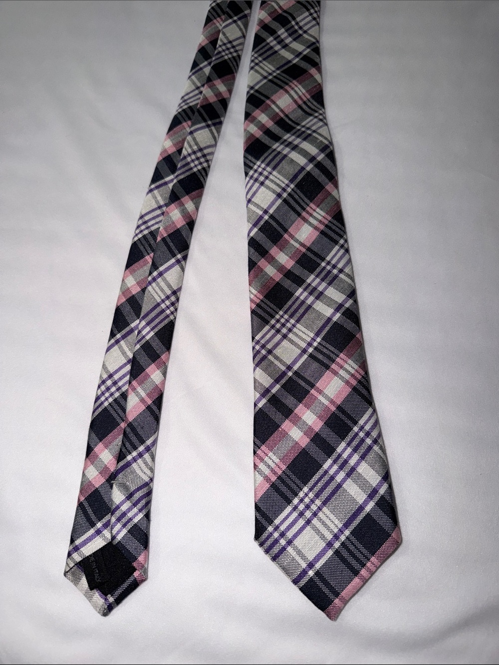 Plaid Men's Tie in Pink, Navy & Gray - Modern Dress Tie